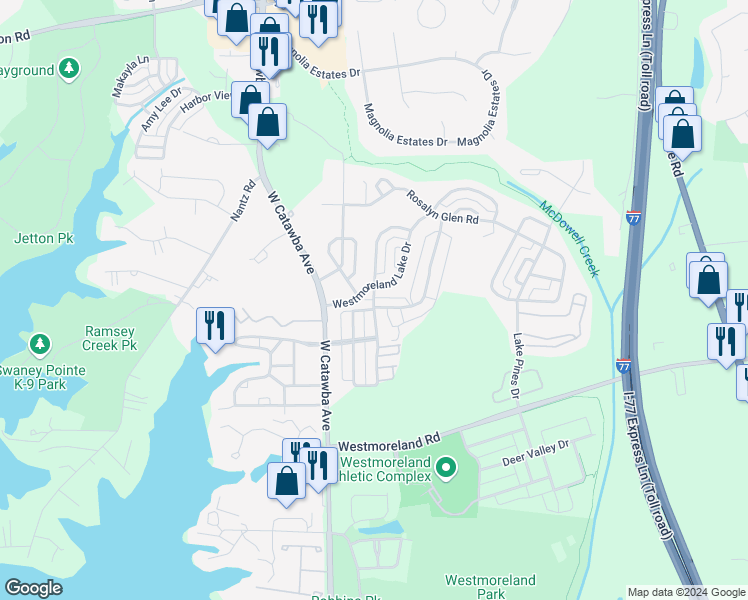 map of restaurants, bars, coffee shops, grocery stores, and more near 18598 The Commons Boulevard in Cornelius