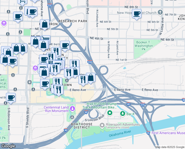 map of restaurants, bars, coffee shops, grocery stores, and more near N Lincoln Blvd & E Sheridan Ave in Oklahoma City