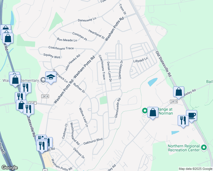map of restaurants, bars, coffee shops, grocery stores, and more near 19056 Coachmans Trce in Cornelius