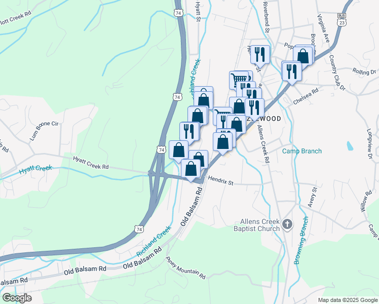 map of restaurants, bars, coffee shops, grocery stores, and more near 45 Plaza Place in Waynesville