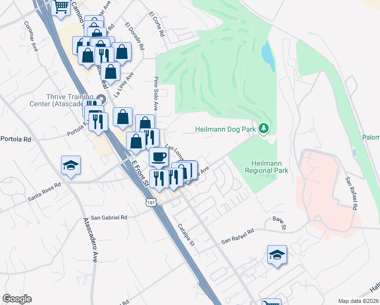 map of restaurants, bars, coffee shops, grocery stores, and more near 9705 Las Lomas Avenue in Atascadero