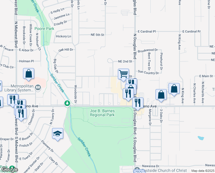 map of restaurants, bars, coffee shops, grocery stores, and more near 8735 Saint George Way in Midwest City