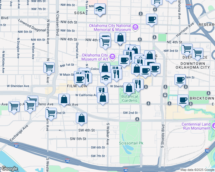 map of restaurants, bars, coffee shops, grocery stores, and more near 499 West Sheridan Avenue in Oklahoma City