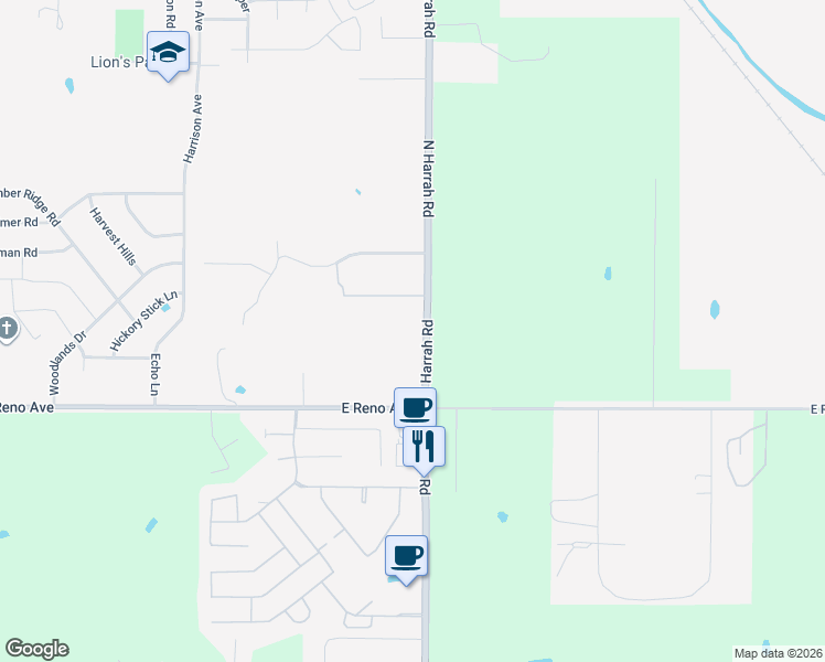 map of restaurants, bars, coffee shops, grocery stores, and more near 201 North Harrah Road in Harrah