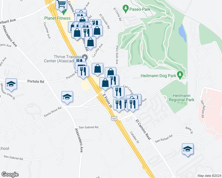 map of restaurants, bars, coffee shops, grocery stores, and more near 9520 El Camino Real in Atascadero