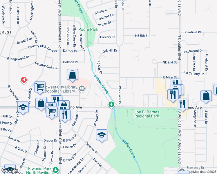 map of restaurants, bars, coffee shops, grocery stores, and more near 1032 Parkview Drive in Midwest City