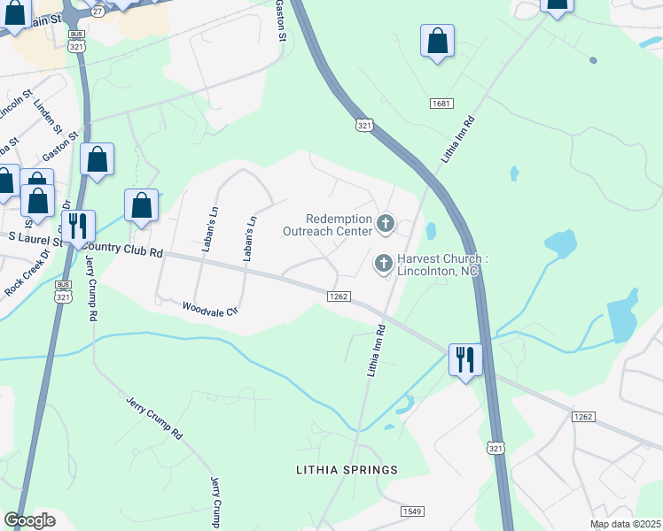 map of restaurants, bars, coffee shops, grocery stores, and more near 1709 Country Club Road in Lincolnton