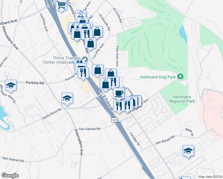map of restaurants, bars, coffee shops, grocery stores, and more near 9520 El Camino Real in Atascadero