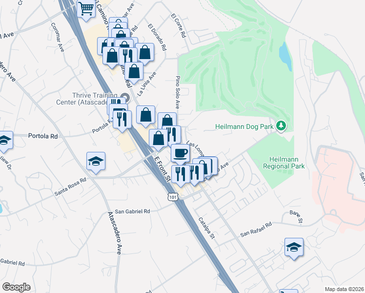 map of restaurants, bars, coffee shops, grocery stores, and more near 9367 Musselman Drive in Atascadero