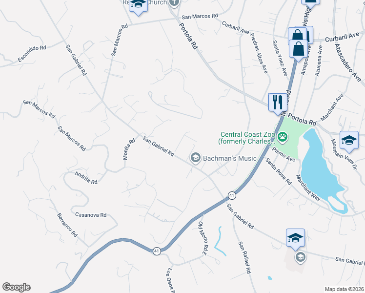 map of restaurants, bars, coffee shops, grocery stores, and more near 7455 San Gabriel Road in Atascadero