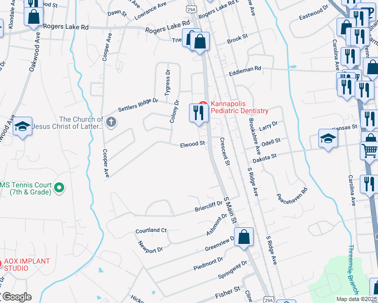 map of restaurants, bars, coffee shops, grocery stores, and more near 121 Elwood Street in Kannapolis