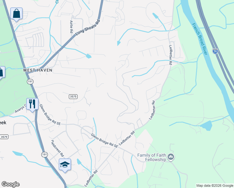 map of restaurants, bars, coffee shops, grocery stores, and more near 48 Arabella Lane in Avery Creek