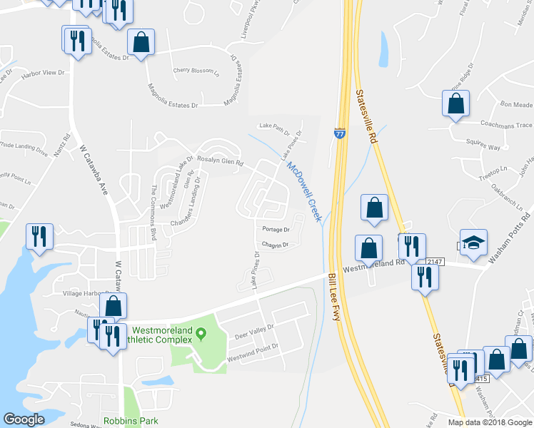 map of restaurants, bars, coffee shops, grocery stores, and more near 17440 Harbor Walk Drive in Cornelius