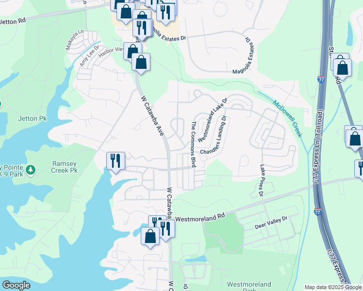 map of restaurants, bars, coffee shops, grocery stores, and more near 8344 Viewpoint Lane in Cornelius