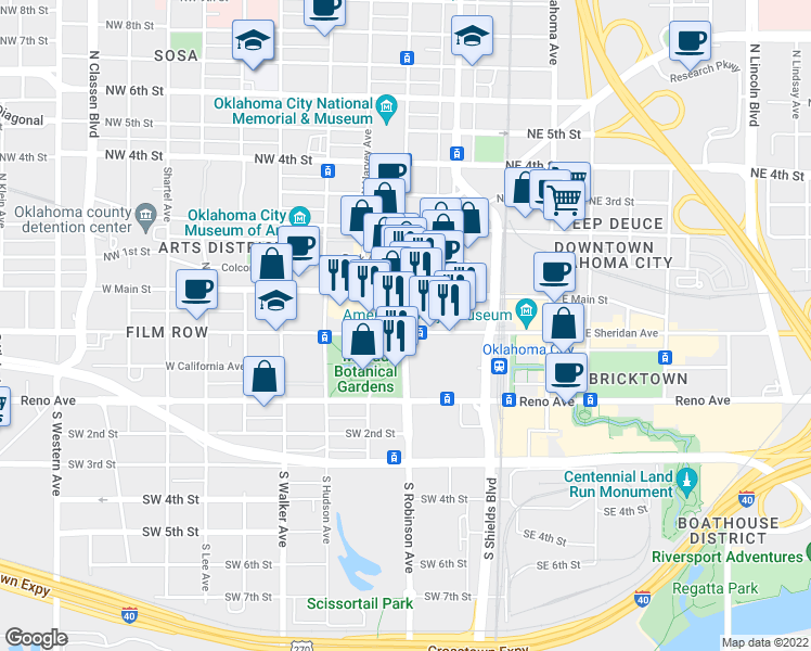 map of restaurants, bars, coffee shops, grocery stores, and more near 22 North Robinson Avenue in Oklahoma City