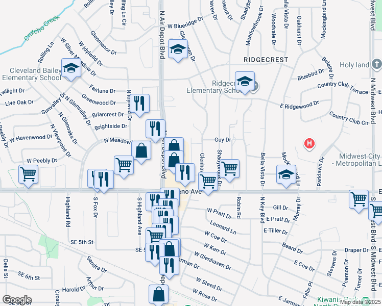 map of restaurants, bars, coffee shops, grocery stores, and more near 208 Marlow Drive in Midwest City