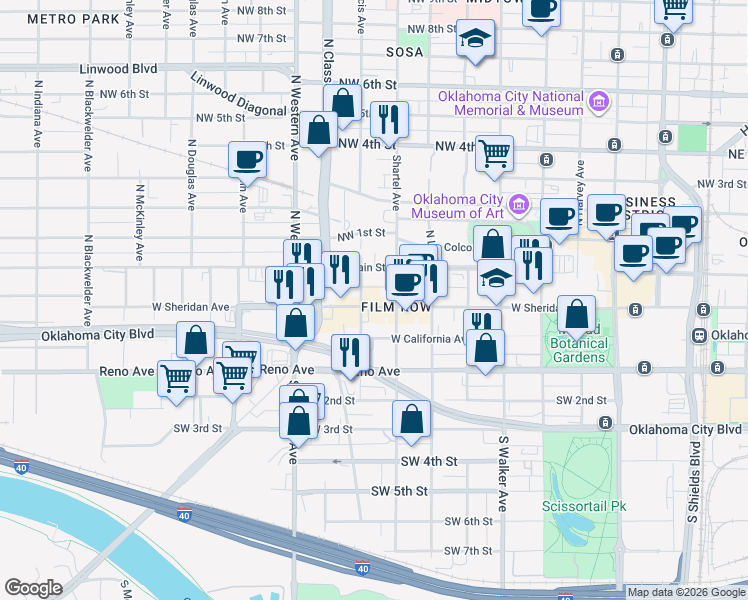 map of restaurants, bars, coffee shops, grocery stores, and more near 830 West Sheridan Avenue in Oklahoma City