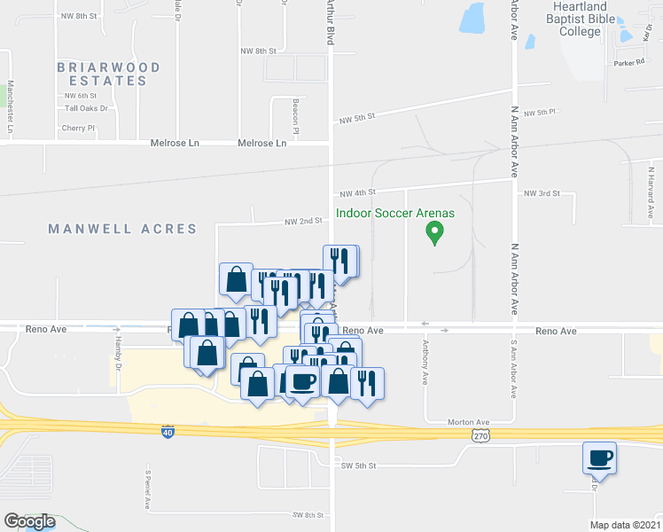 map of restaurants, bars, coffee shops, grocery stores, and more near N MacArthur Blvd & S MacArthur Blvd in Oklahoma City