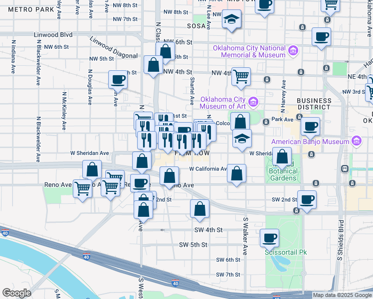 map of restaurants, bars, coffee shops, grocery stores, and more near 830 West Sheridan Avenue in Oklahoma City