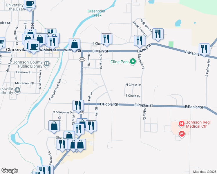 map of restaurants, bars, coffee shops, grocery stores, and more near 601 South Carter Street in Clarksville