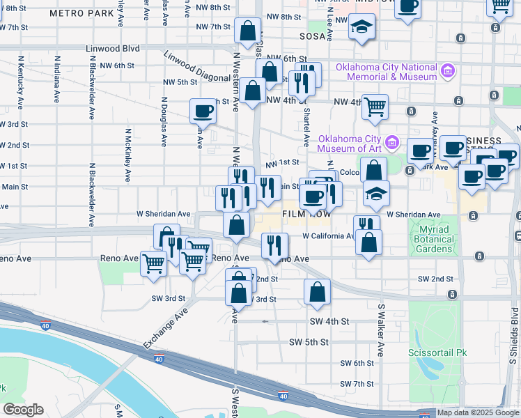 map of restaurants, bars, coffee shops, grocery stores, and more near 927 West Sheridan Avenue in Oklahoma City