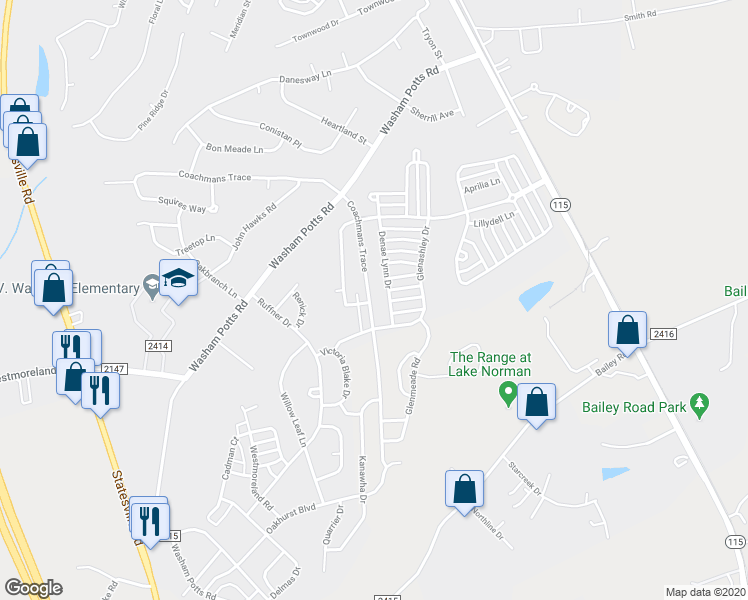 map of restaurants, bars, coffee shops, grocery stores, and more near 19104 Coachmans Trce in Cornelius
