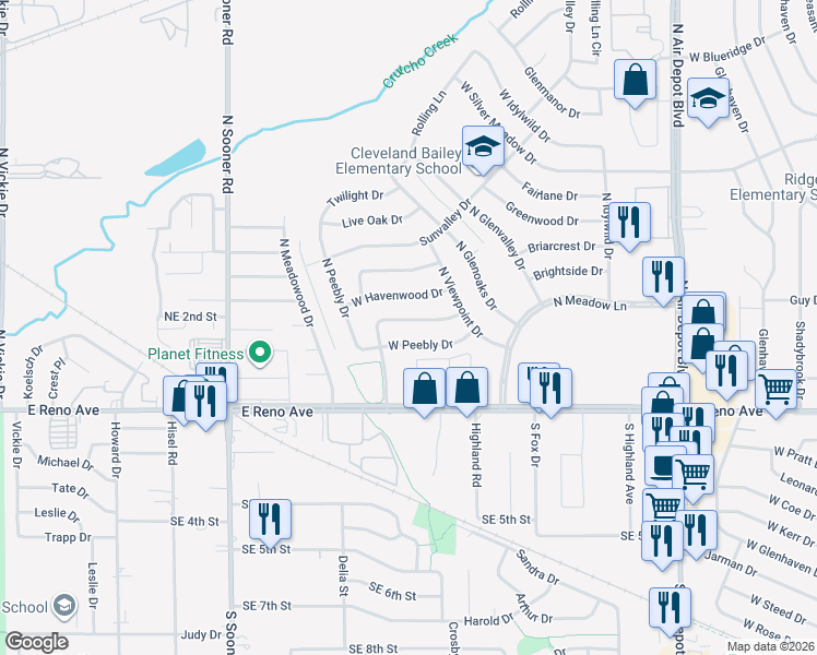 map of restaurants, bars, coffee shops, grocery stores, and more near 1128 West Peebly Drive in Midwest City