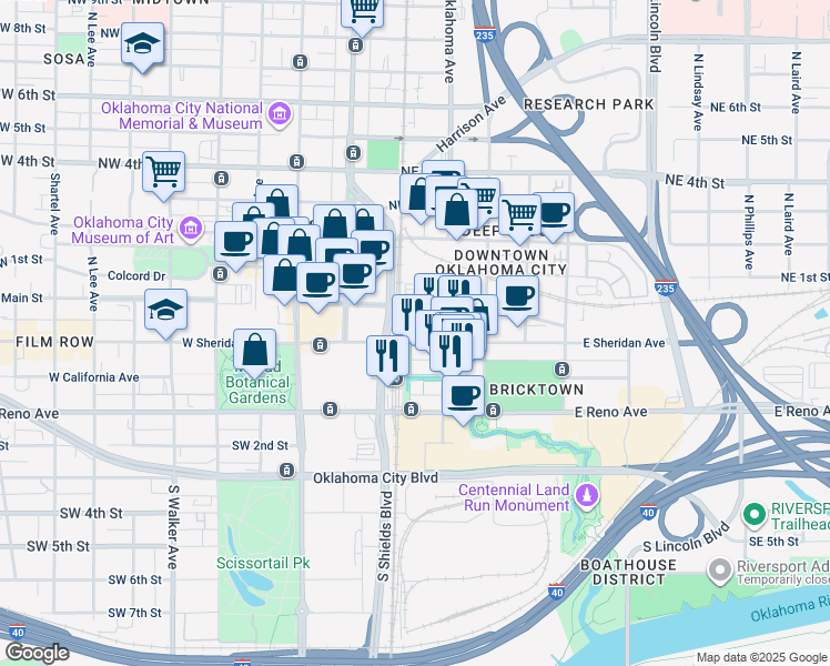 map of restaurants, bars, coffee shops, grocery stores, and more near 4 East Sheridan Avenue in Oklahoma City