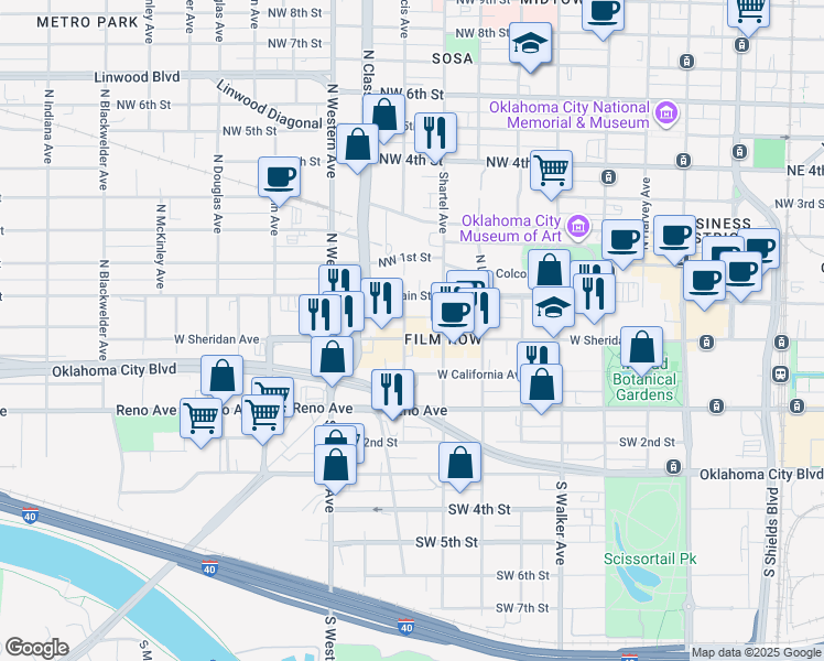 map of restaurants, bars, coffee shops, grocery stores, and more near 835 West Sheridan Avenue in Oklahoma City