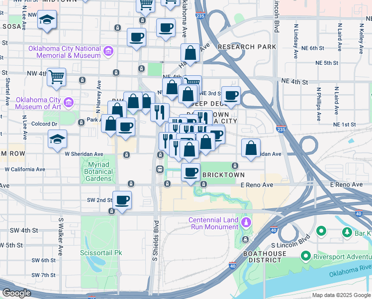 map of restaurants, bars, coffee shops, grocery stores, and more near 17 East Sheridan Avenue in Oklahoma City