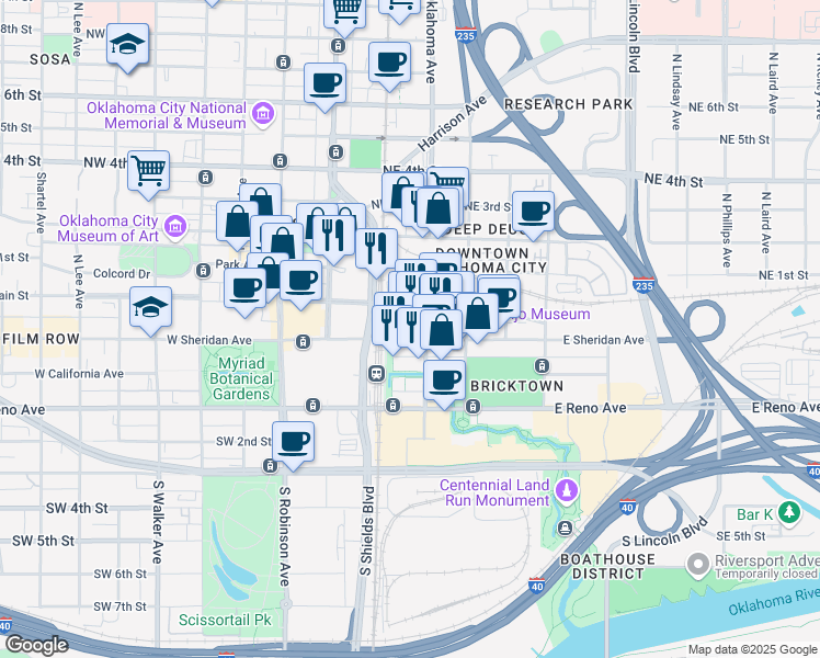 map of restaurants, bars, coffee shops, grocery stores, and more near 1840 East Main Street in Oklahoma City
