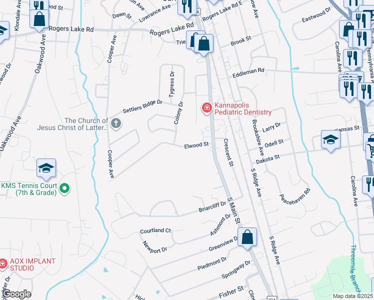 map of restaurants, bars, coffee shops, grocery stores, and more near 121 Elwood Street in Kannapolis