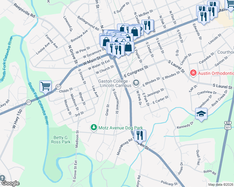 map of restaurants, bars, coffee shops, grocery stores, and more near 483 South Government Street in Lincolnton