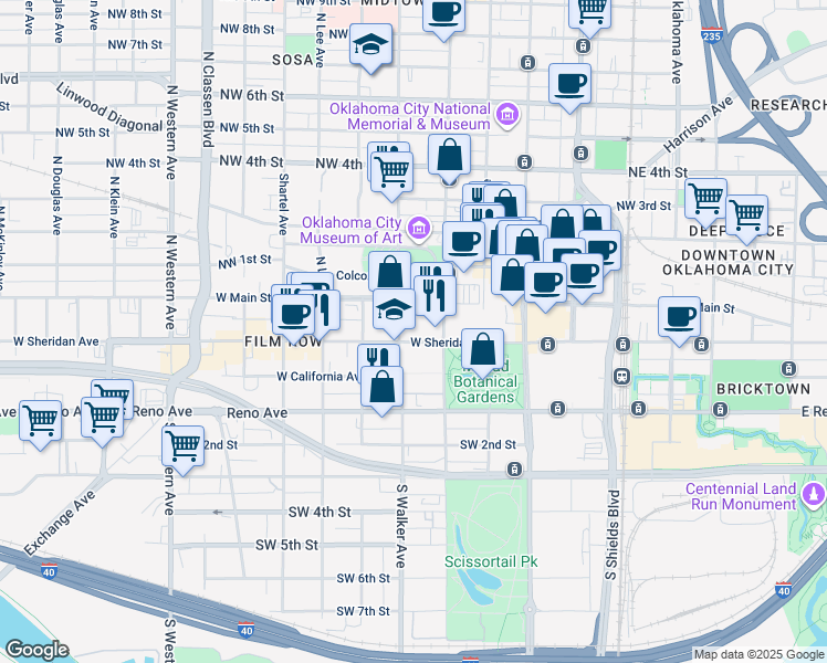 map of restaurants, bars, coffee shops, grocery stores, and more near 499 West Sheridan Avenue in Oklahoma City