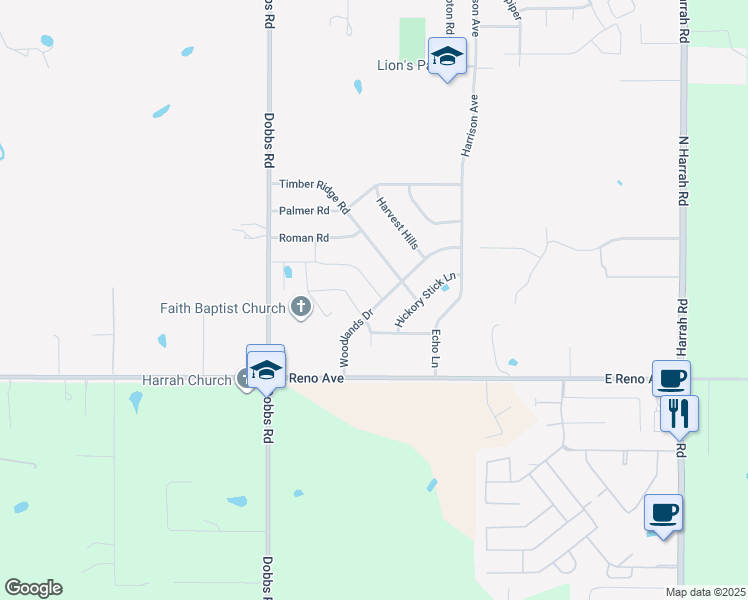 map of restaurants, bars, coffee shops, grocery stores, and more near 221 Park Lane in Harrah