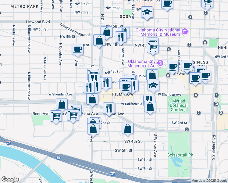 map of restaurants, bars, coffee shops, grocery stores, and more near 828 West Main Street in Oklahoma City