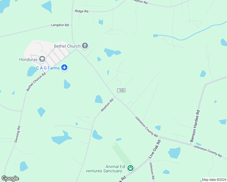 map of restaurants, bars, coffee shops, grocery stores, and more near 2116 Johnston County Road in Angier