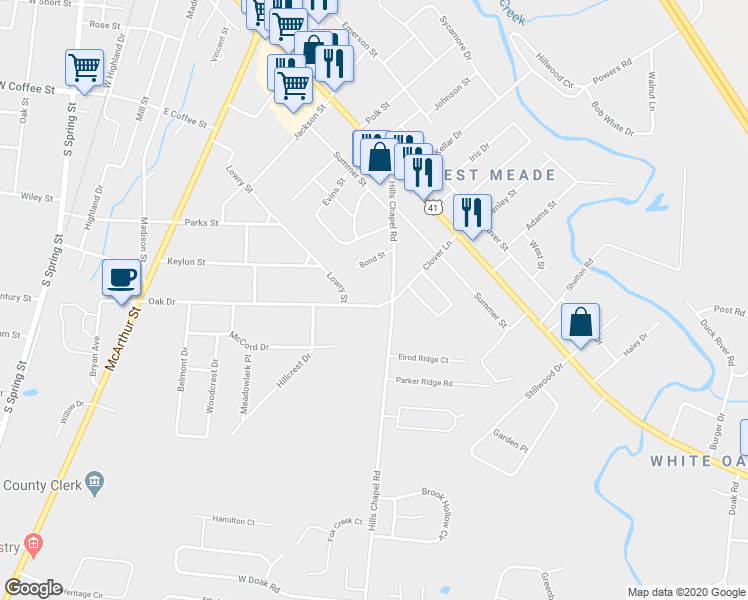 map of restaurants, bars, coffee shops, grocery stores, and more near 1311 Oak Drive in Manchester