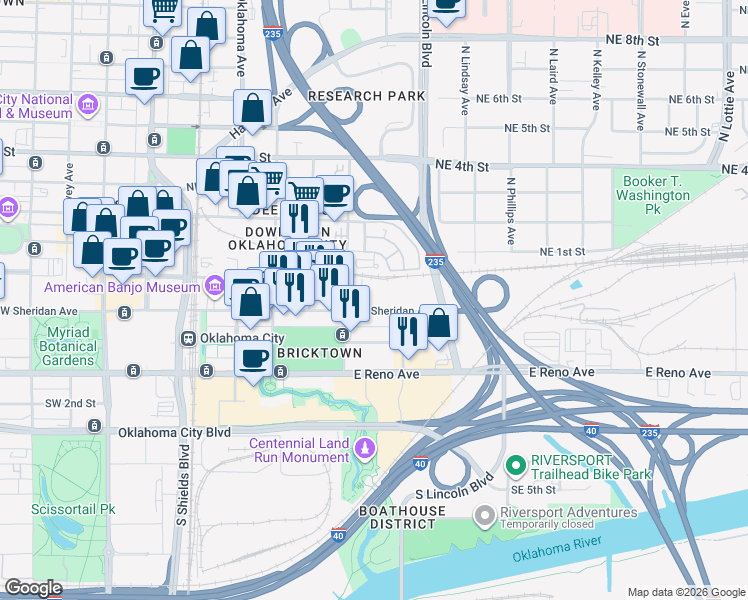map of restaurants, bars, coffee shops, grocery stores, and more near 505 East Sheridan Avenue in Oklahoma City