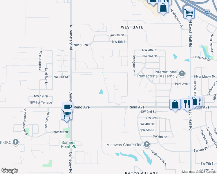 map of restaurants, bars, coffee shops, grocery stores, and more near 424 North Cemetery Road in Yukon