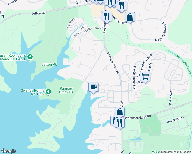 map of restaurants, bars, coffee shops, grocery stores, and more near 18648 Nantz Road in Cornelius