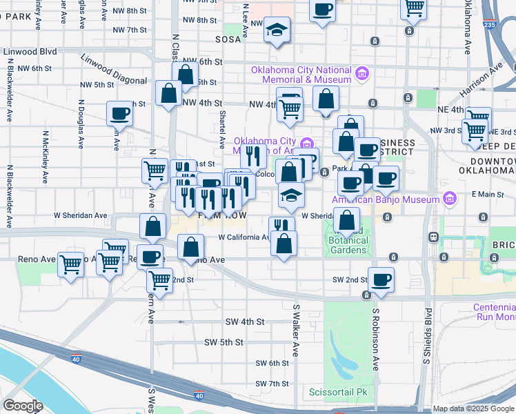 map of restaurants, bars, coffee shops, grocery stores, and more near 630 West Main Street in Oklahoma City
