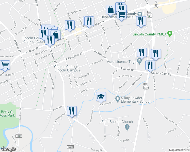 map of restaurants, bars, coffee shops, grocery stores, and more near 713 South Cedar Street in Lincolnton