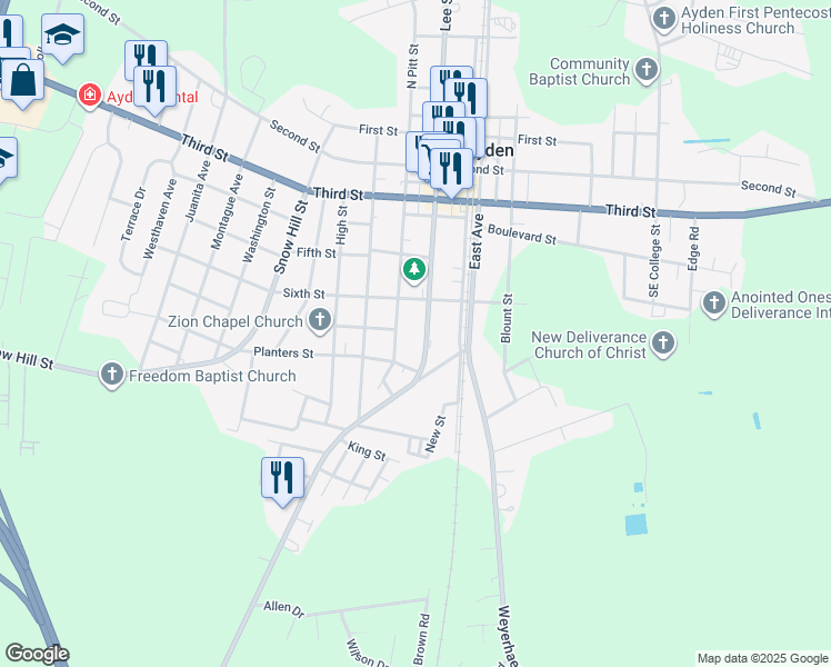 map of restaurants, bars, coffee shops, grocery stores, and more near 4378 Lee Street in Ayden