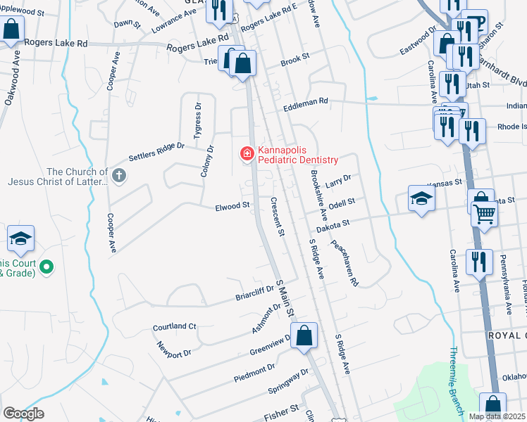 map of restaurants, bars, coffee shops, grocery stores, and more near 101 Crescent Street in Kannapolis