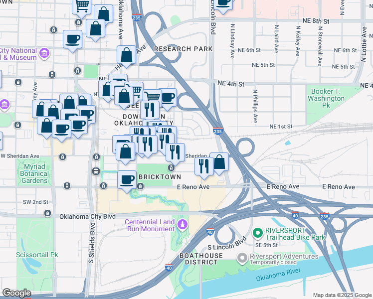 map of restaurants, bars, coffee shops, grocery stores, and more near 505 East Sheridan Avenue in Oklahoma City
