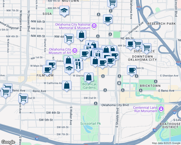 map of restaurants, bars, coffee shops, grocery stores, and more near 333 West Sheridan Avenue in Oklahoma City