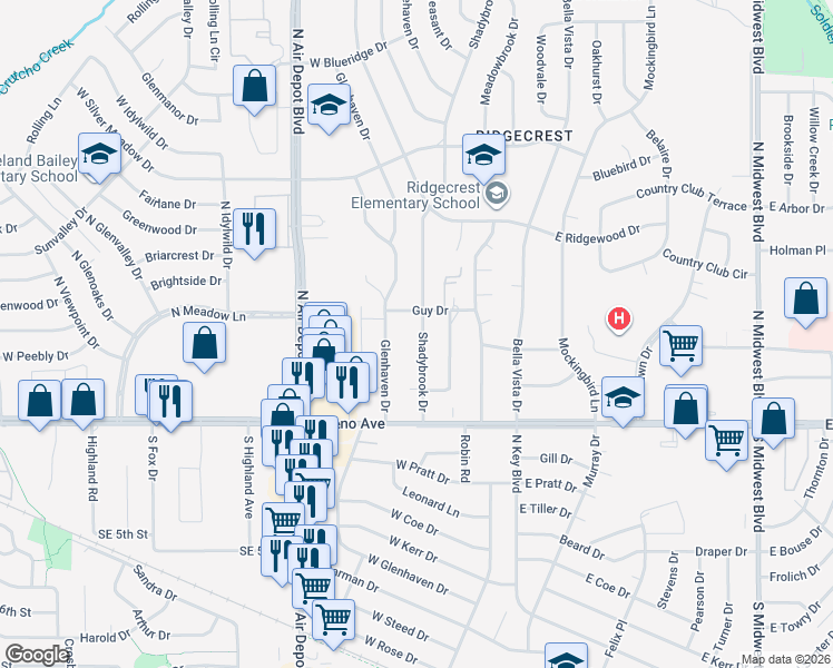 map of restaurants, bars, coffee shops, grocery stores, and more near 2917 Shadybrook Drive in Midwest City