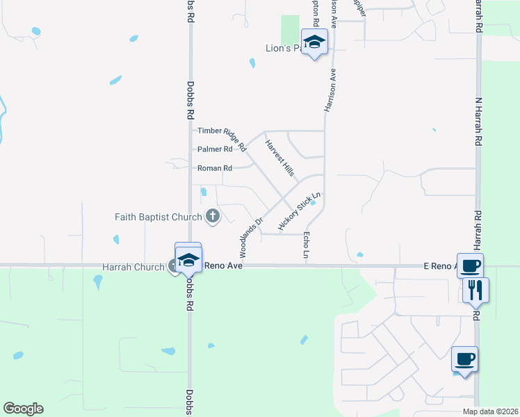 map of restaurants, bars, coffee shops, grocery stores, and more near 221 Park Lane in Harrah