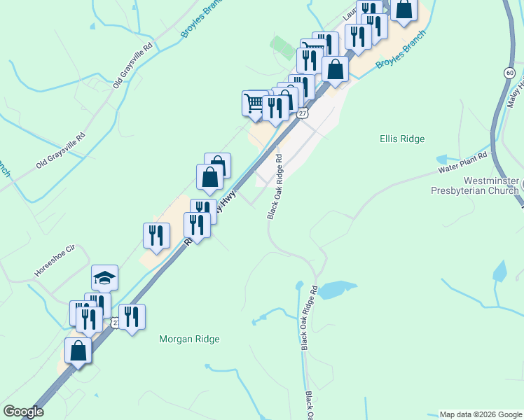 map of restaurants, bars, coffee shops, grocery stores, and more near 204 South Pine Street in Dayton